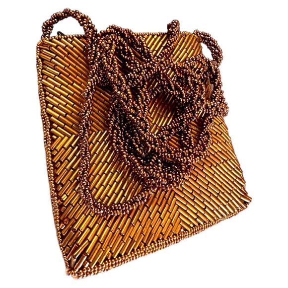 Vintage 80's Bronze Tone Beaded Evening Bag 21" Strap - Picture 17 of 17